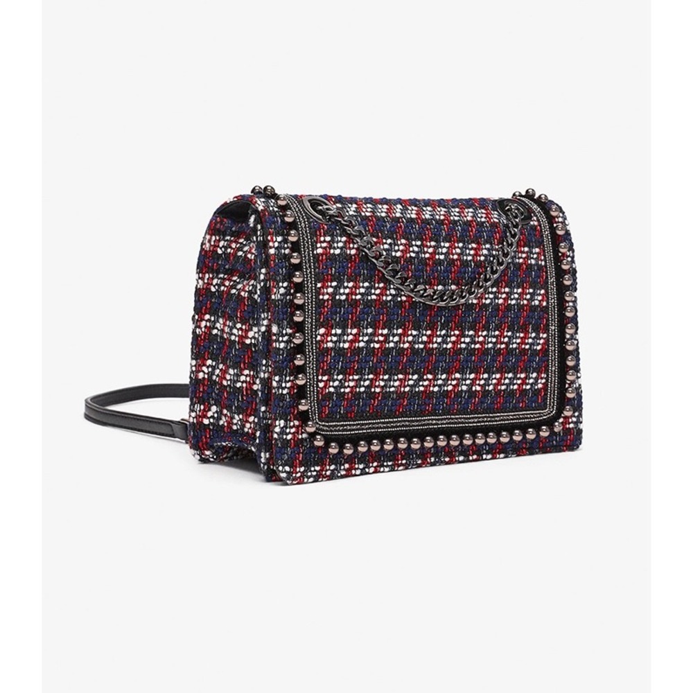 Zara Tweed Studded Chain Shoulder Bag Navy Red White Woven Flap Handbag